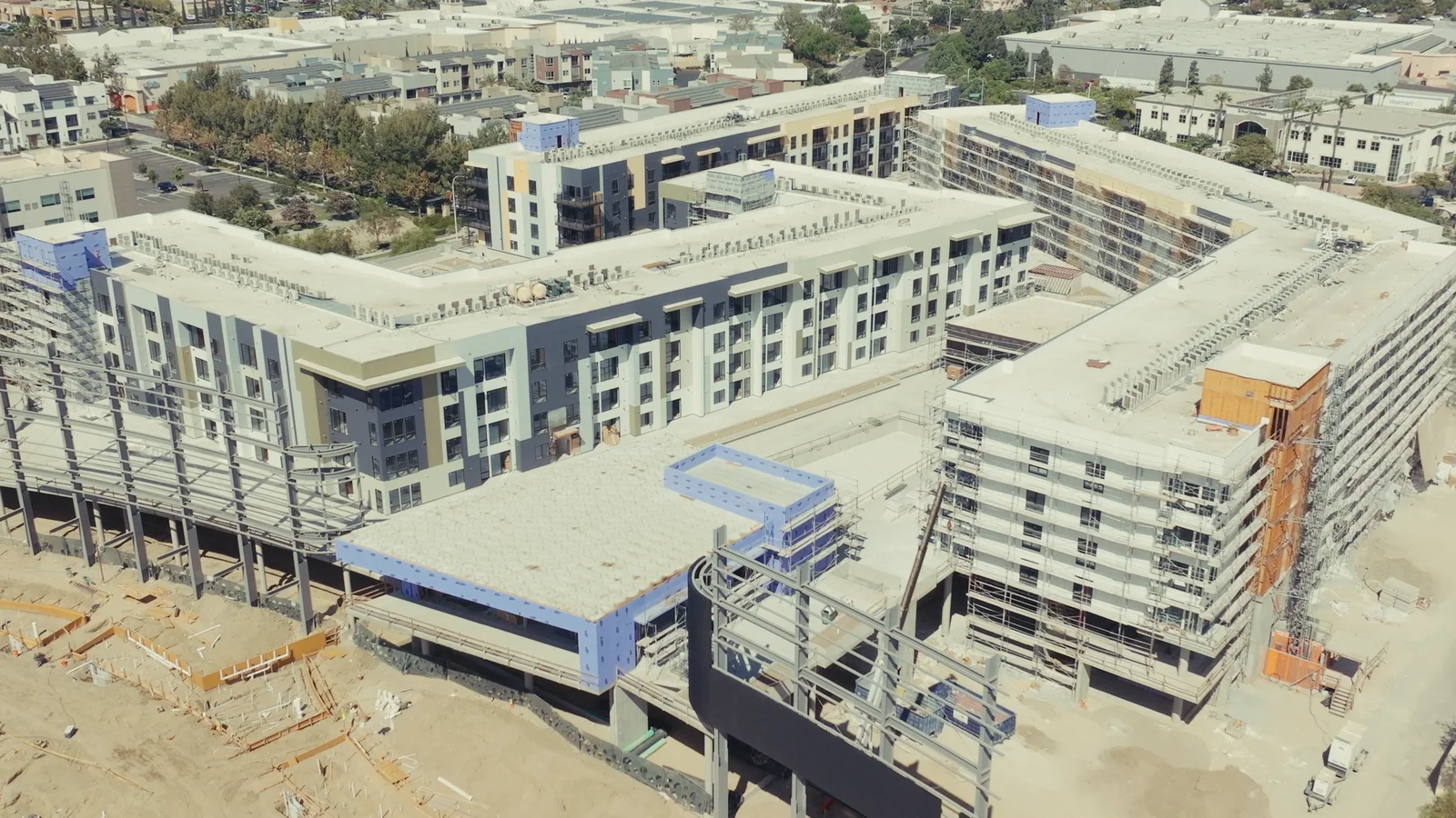 Drone photograph of the Phase One buildings under construction, the neighborhood around them