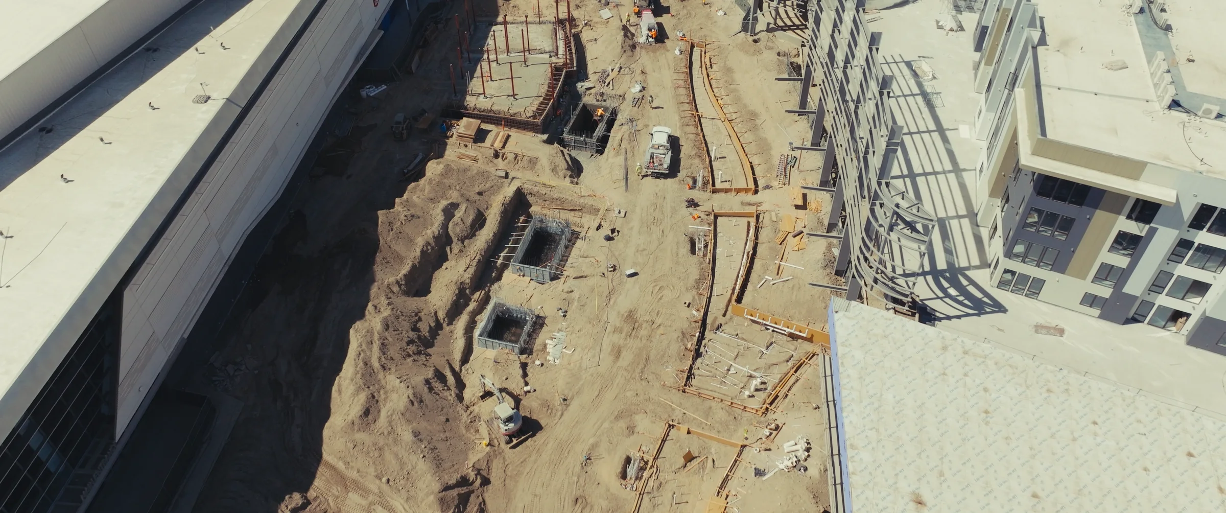 Drone photograph: the Plaza under construction between Toyota Arena and the Phase One buildings