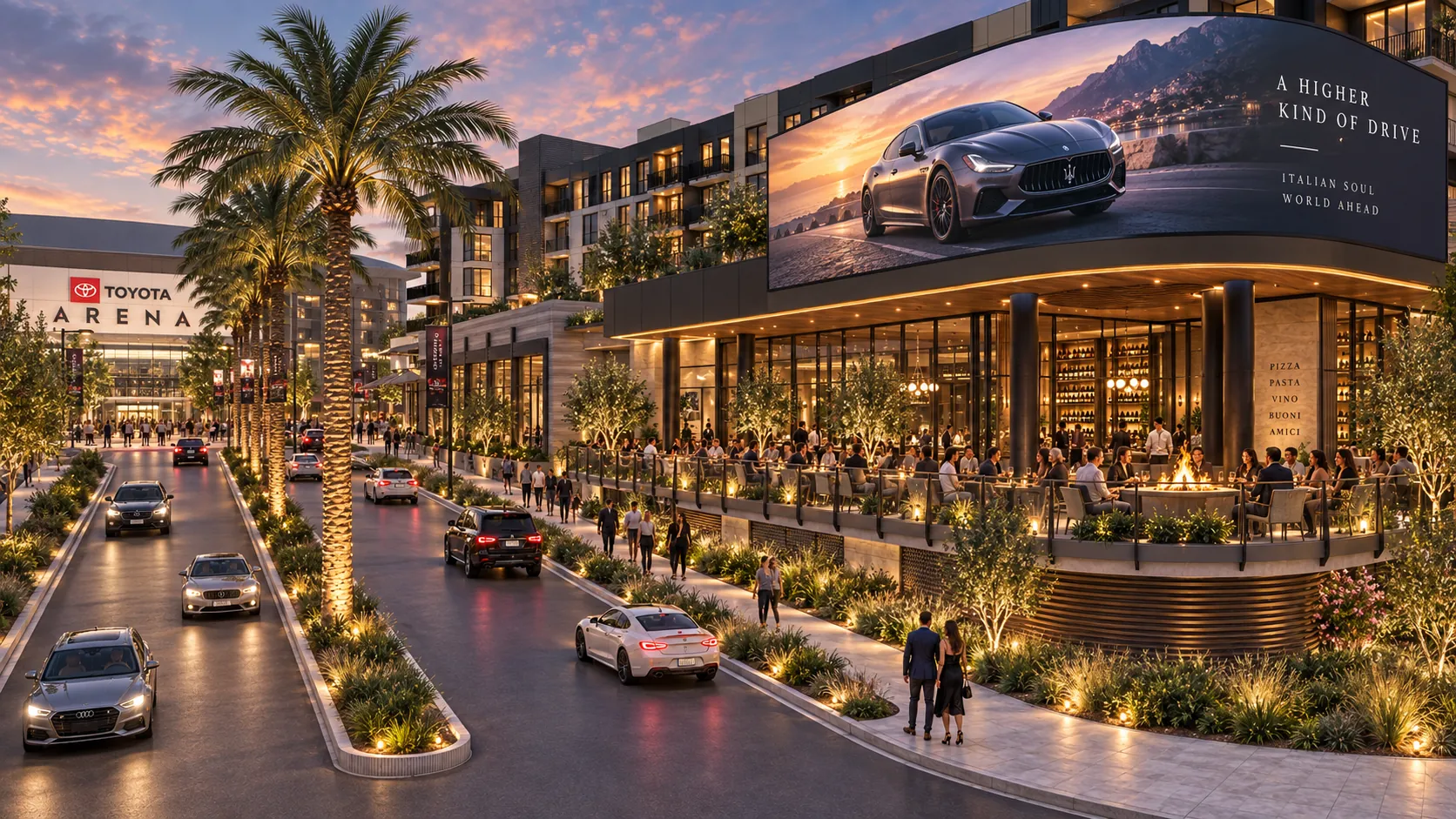 Concept rendering: Echo at dusk from Concours Street, Toyota Arena down the road