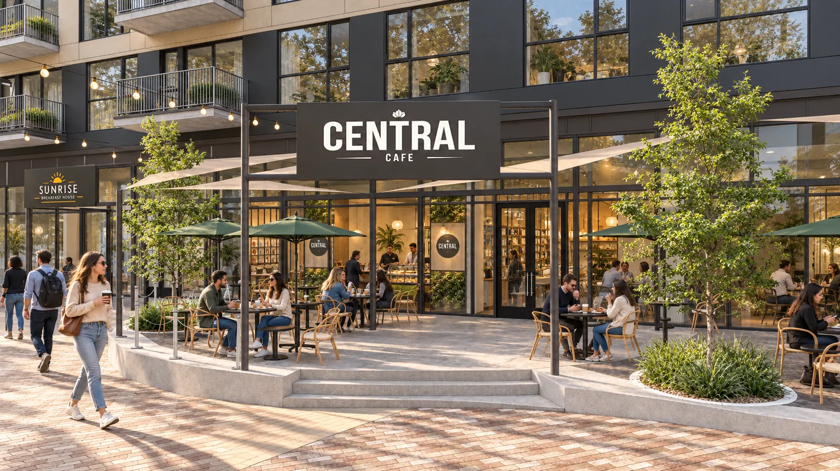 Concept rendering of Suite B1: a café with patio seating on the Plaza edge