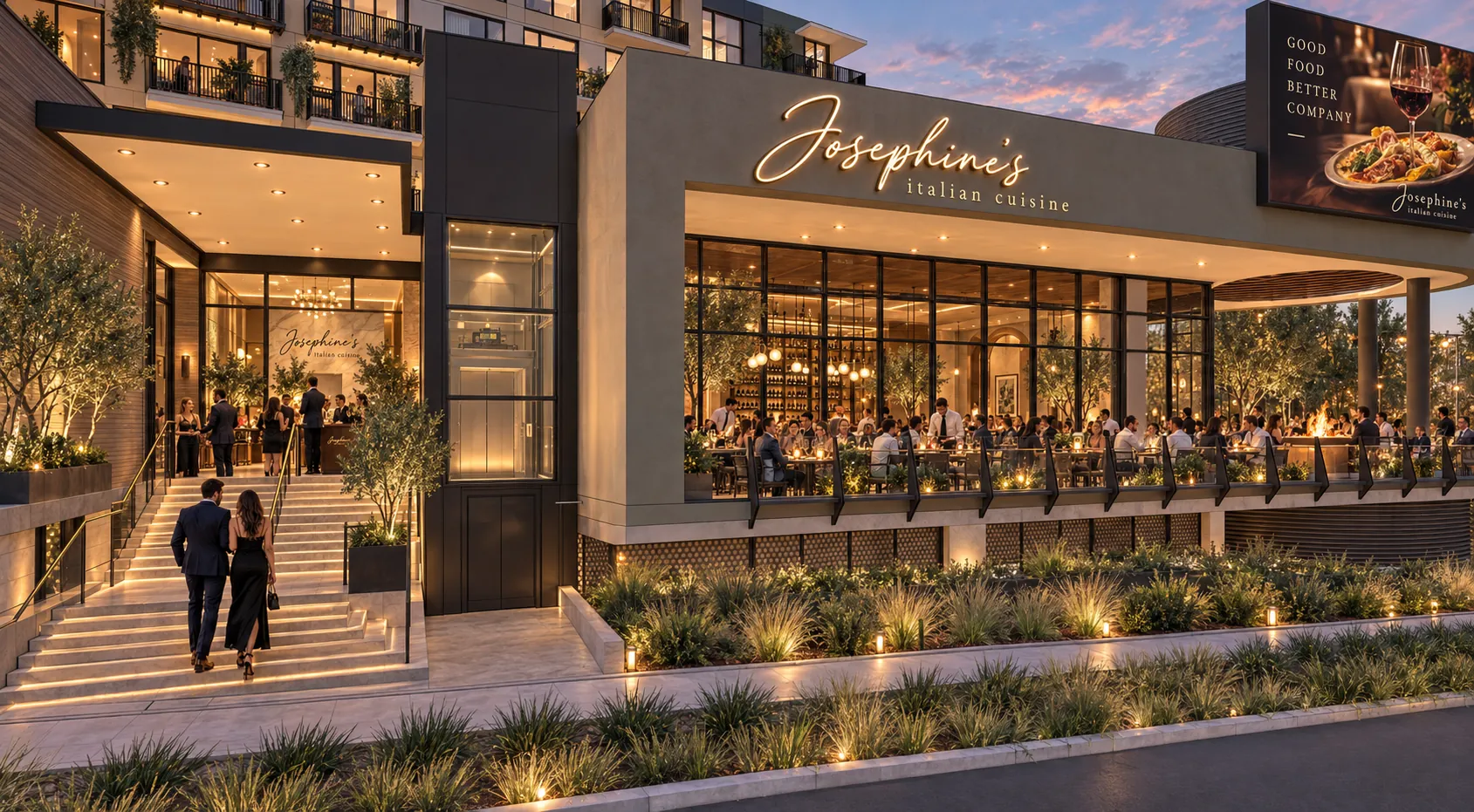 Concept rendering of Suite B6: a restaurant at the east end, stairs up from the street