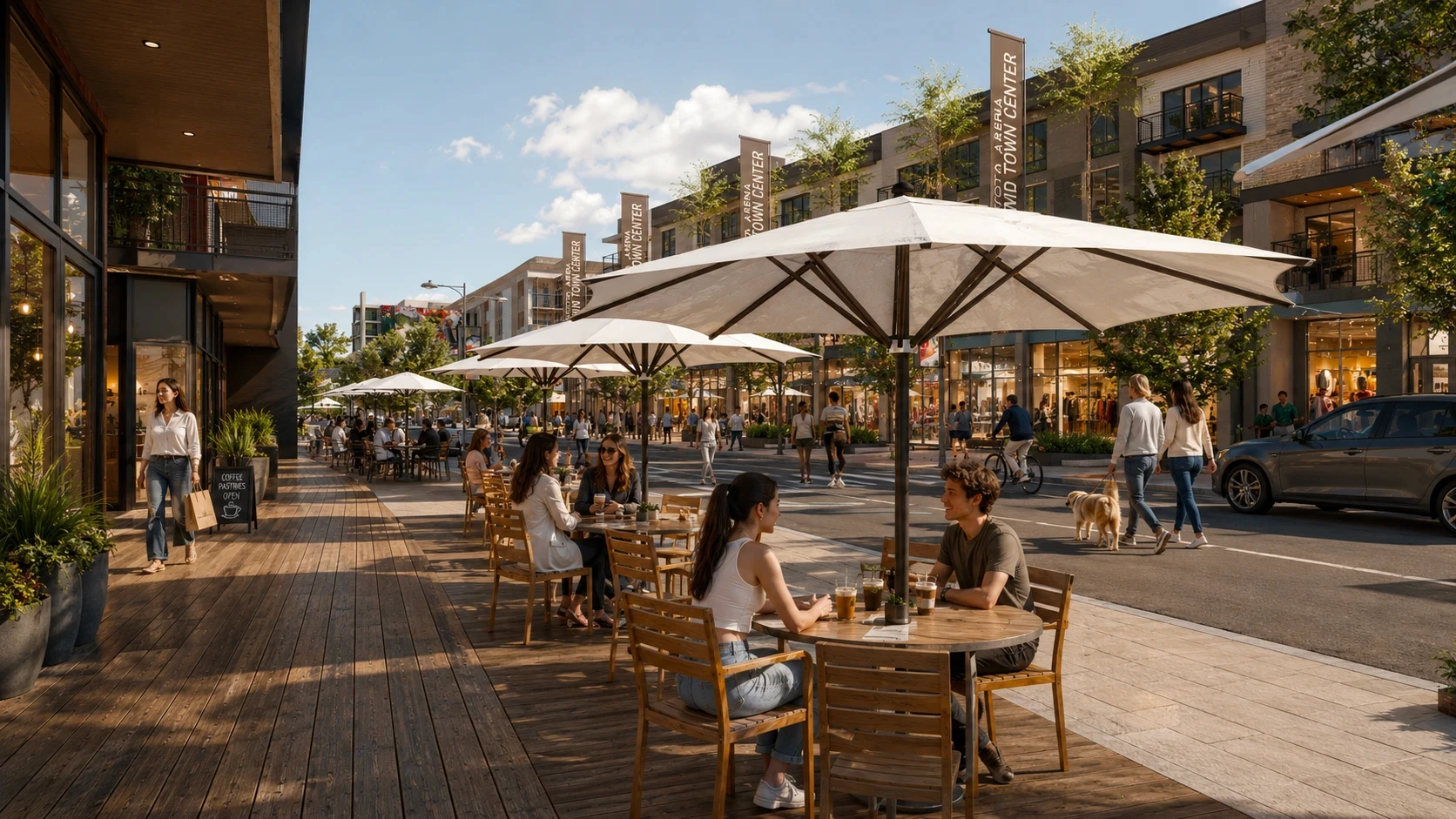 Restaurant patio tables under umbrellas along the street