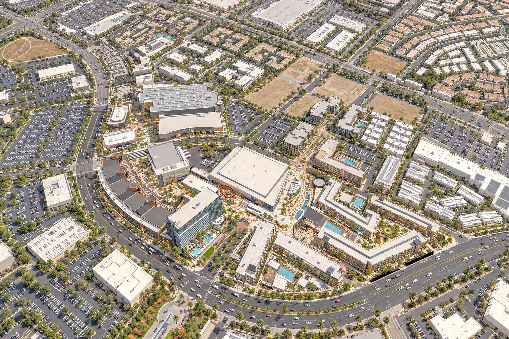 Aerial view of the Capital City master plan: Toyota Arena and the Plaza at the center, Edge and Echo beside them, and the further district lots around.