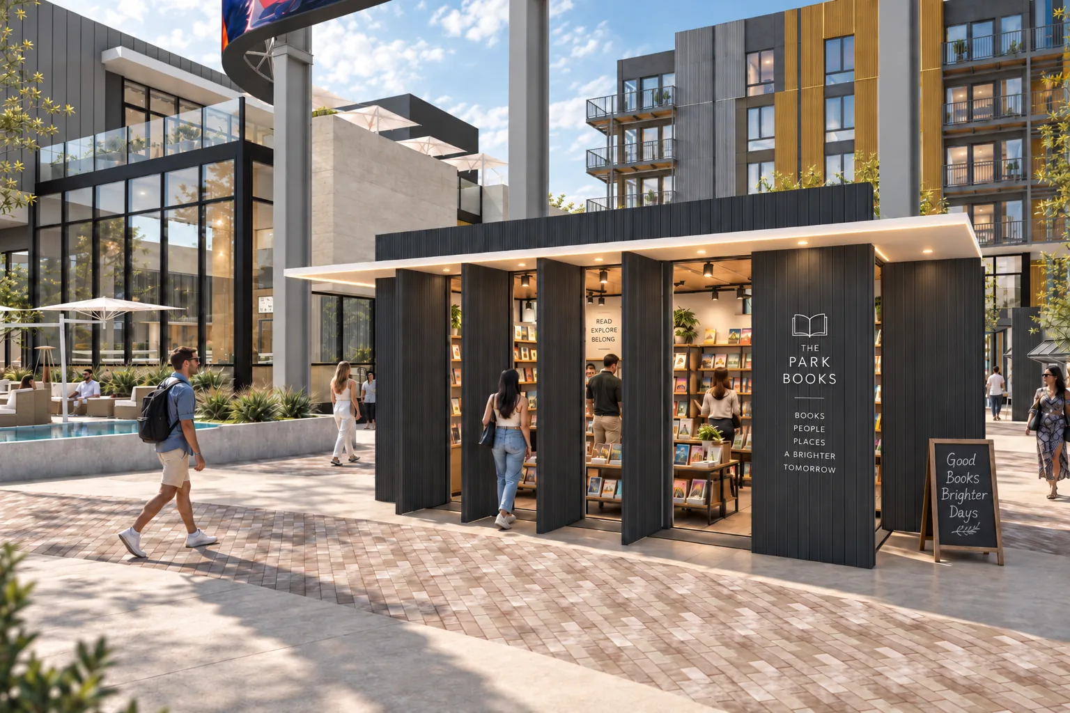 A bookshop kiosk open to the Plaza by day
