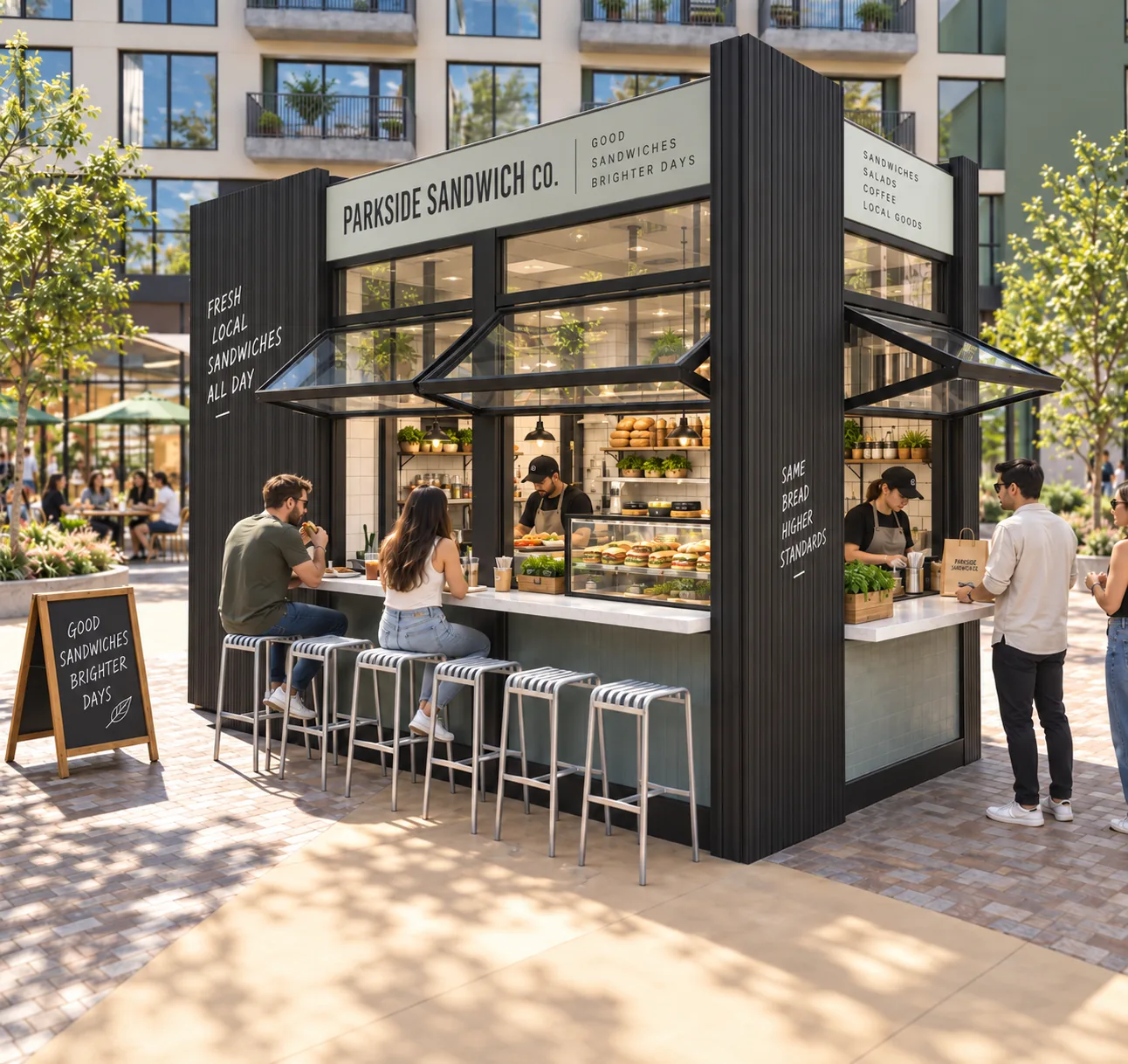 A sandwich kiosk on the Plaza with a counter and stools along its front