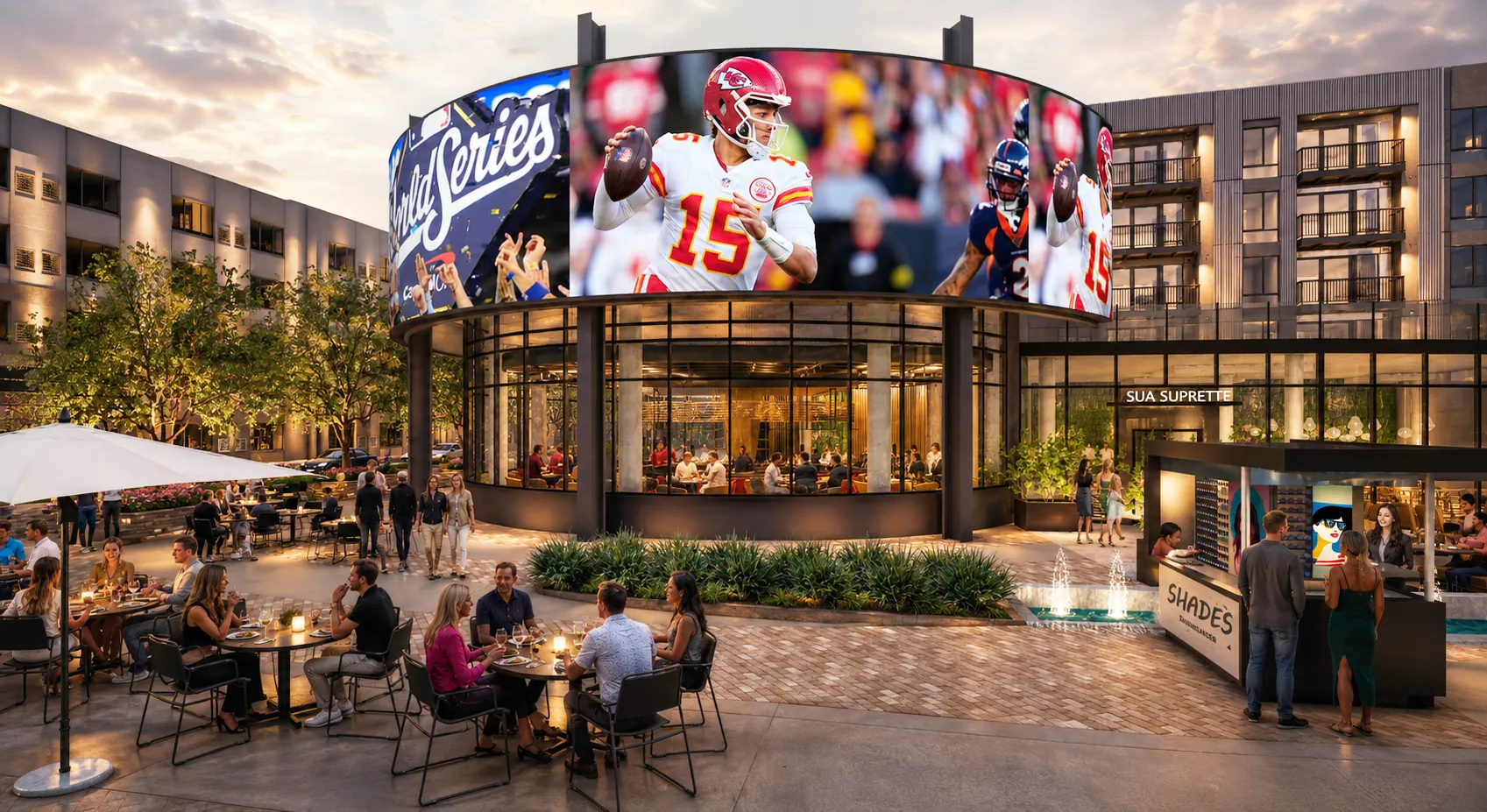 The Round Bar on the Plaza, its patio tables and the large screens above