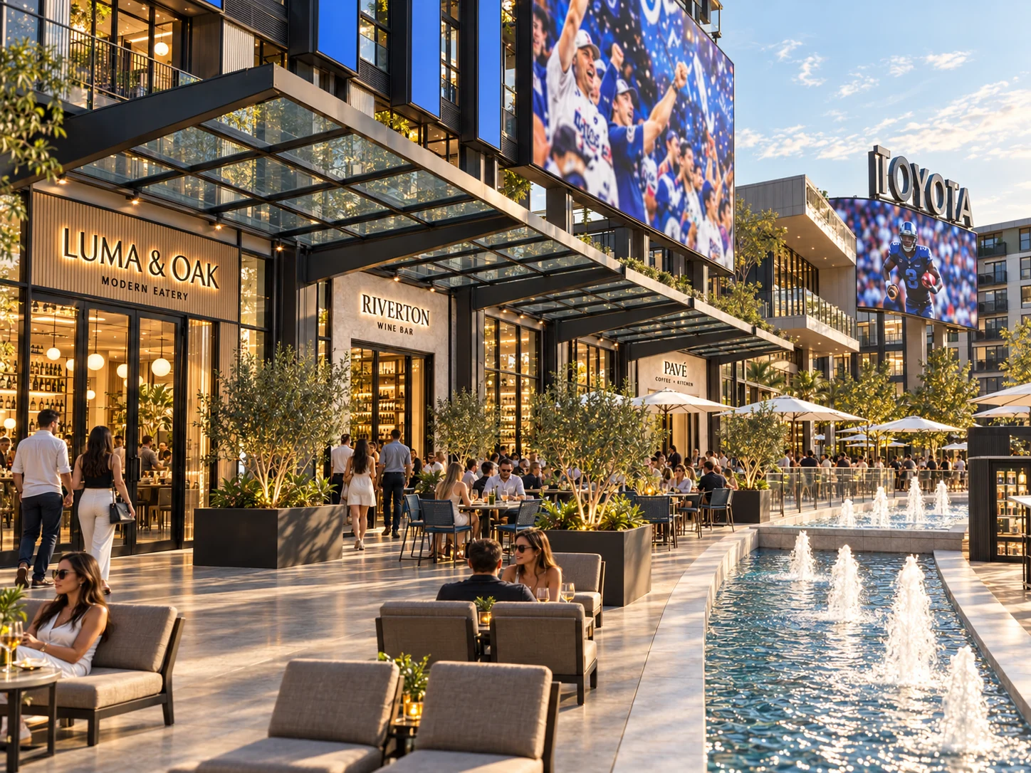 Lounge seating and patio dining beside the water features, restaurants and screens behind