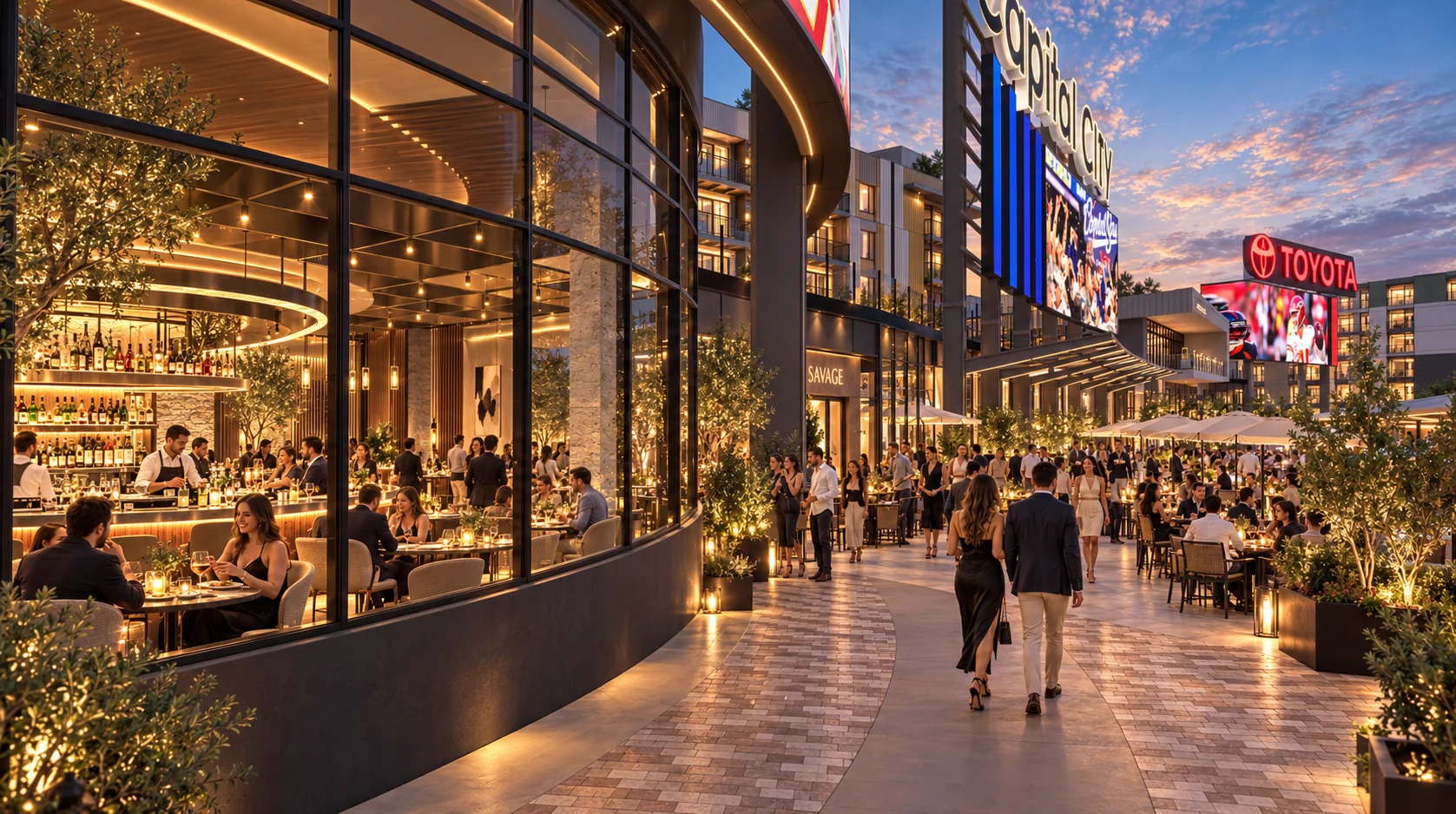 Edge, Lot A: restaurant frontage along the Plaza at dusk, diners behind the curved glass