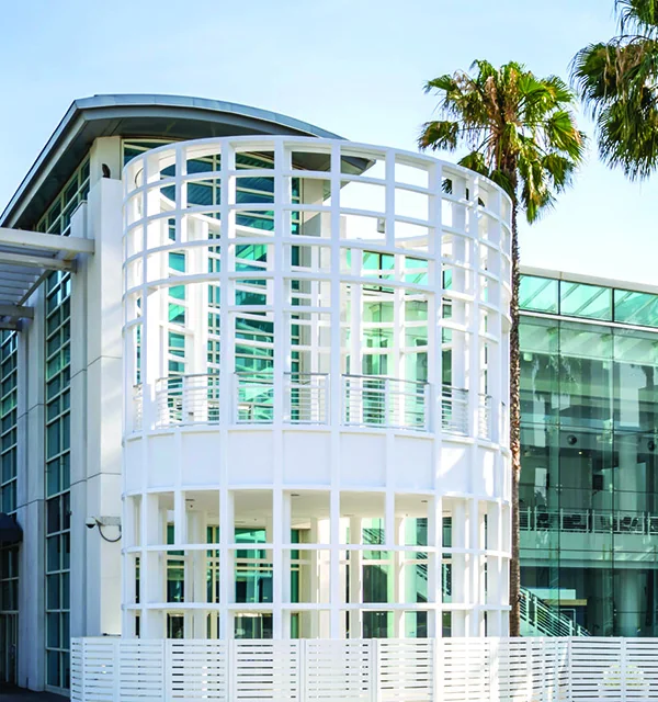 The Ontario Convention Center entrance rotunda among palm trees